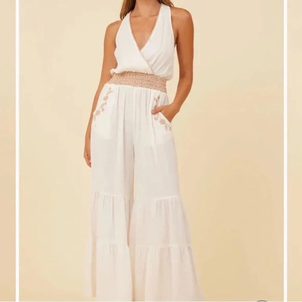 NWT Ivory Gauze Bohemian Beachy Floral Jumpsuit (M)